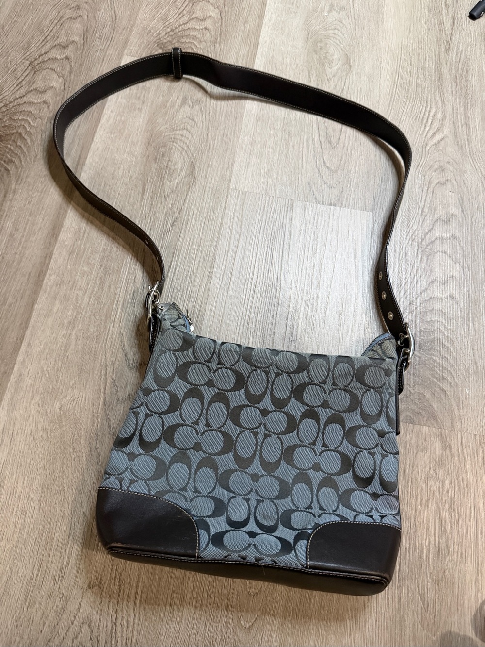 Coach Gray Signature Jacquard Crossbody with Dark Brown Leather Trim
